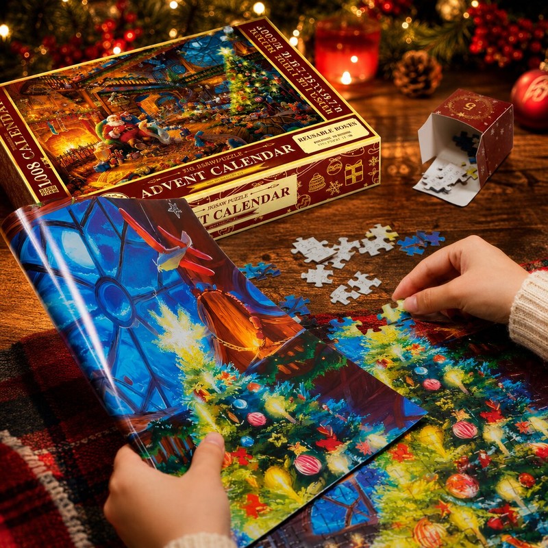 Pusseladventskalender 2026 - Julmotiv med 24 lådor