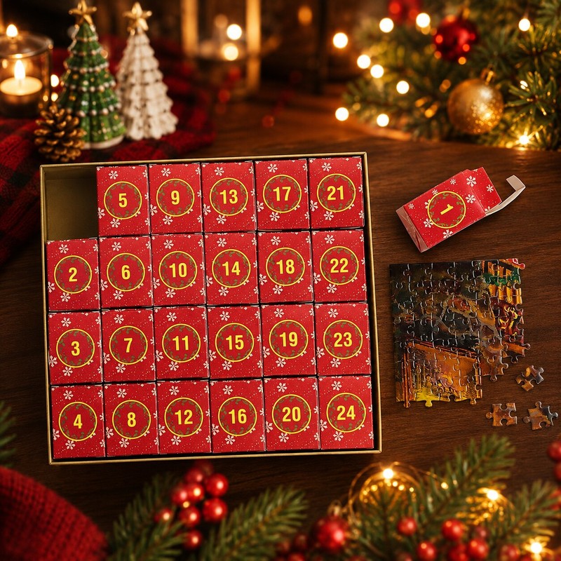 Pusseladventskalender 2026 - Julmotiv med 24 lådor