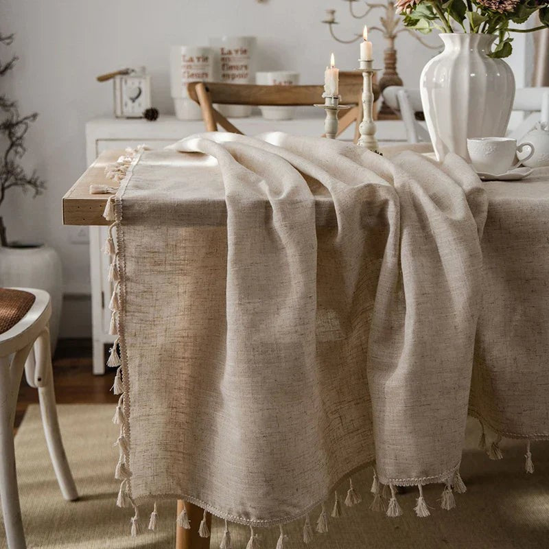 Rektangulärt bordsskynke med fransar - Naturlig beige