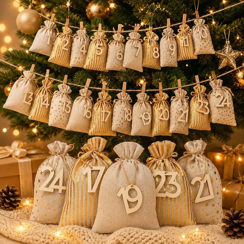 Set med 24 numrerade påsar till adventskalender