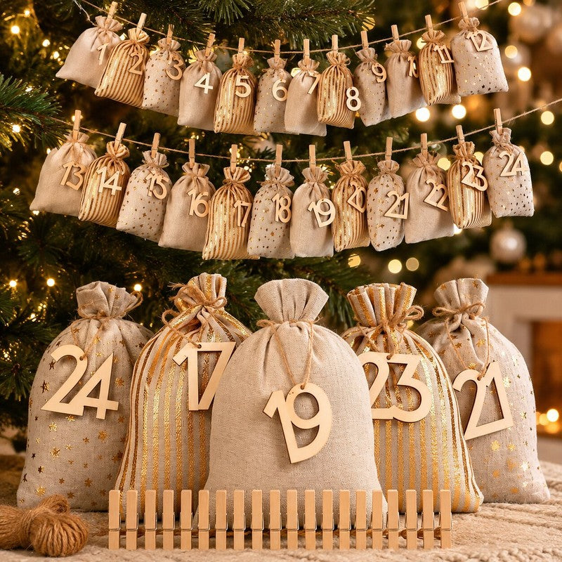 Set med 24 numrerade påsar till adventskalender